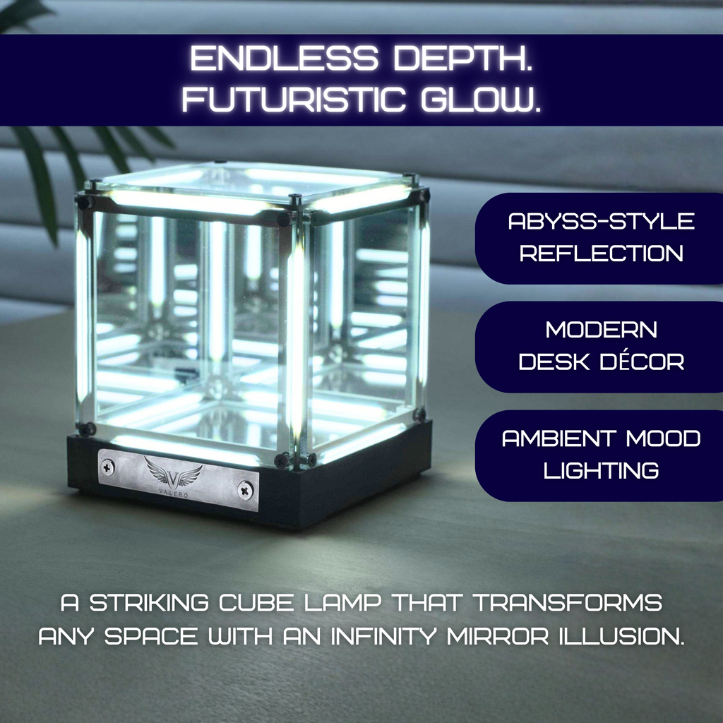 VALERO Cordless Infinity Mirror Cube LED Night Light, 4D Abyss Effect Touch Dimmable Ambient Mood Lighting Lamp with 2000mAh USB-C Rechargeable Battery for Bedside, Gamer Desk Decor, Living Room [Energy Class A+]