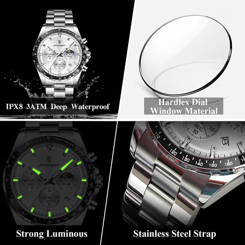 POEDAGAR Luxury Men’s Chronograph Watch Waterproof Stainless Steel Quartz