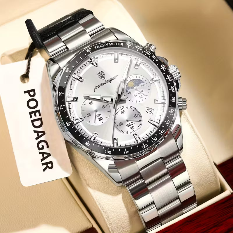 POEDAGAR Luxury Men’s Chronograph Watch Waterproof Stainless Steel Quartz