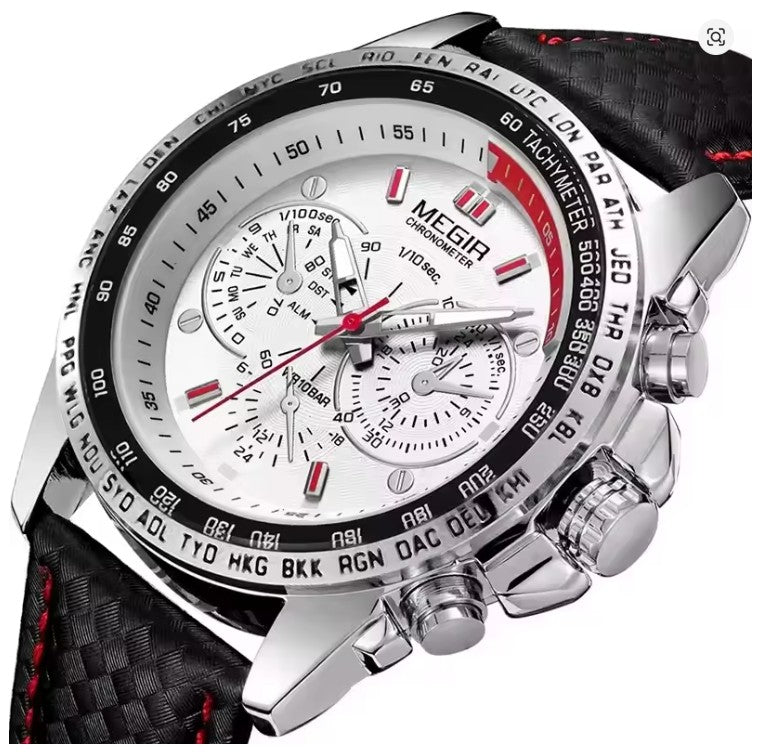 MEGIR Men's Chronograph Wristwatch Luxury Quartz, Waterproof, Sports Black/White Dial