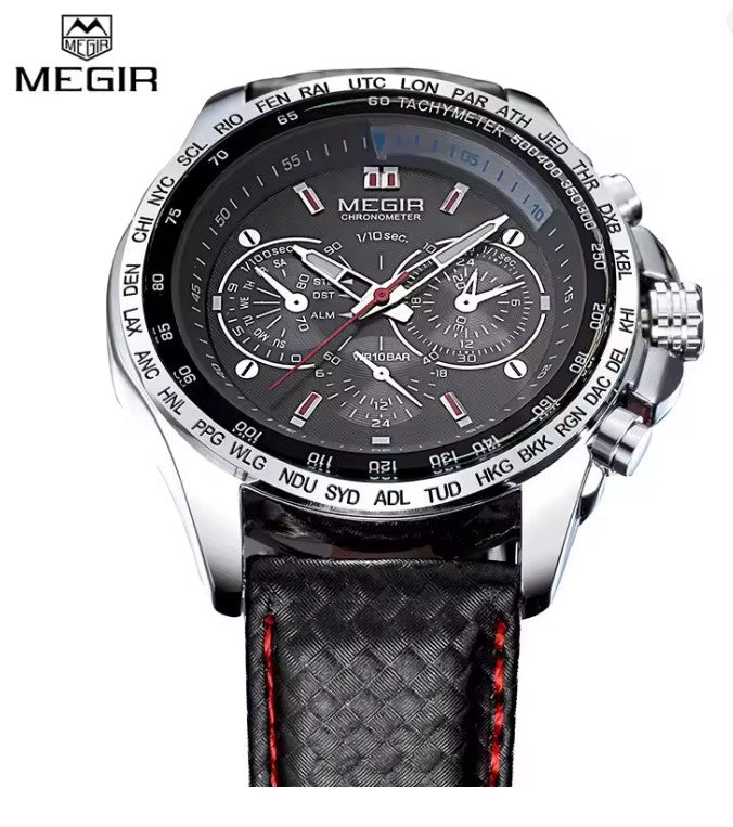 MEGIR Men's Chronograph Wristwatch Luxury Quartz, Waterproof, Sports Black/White Dial