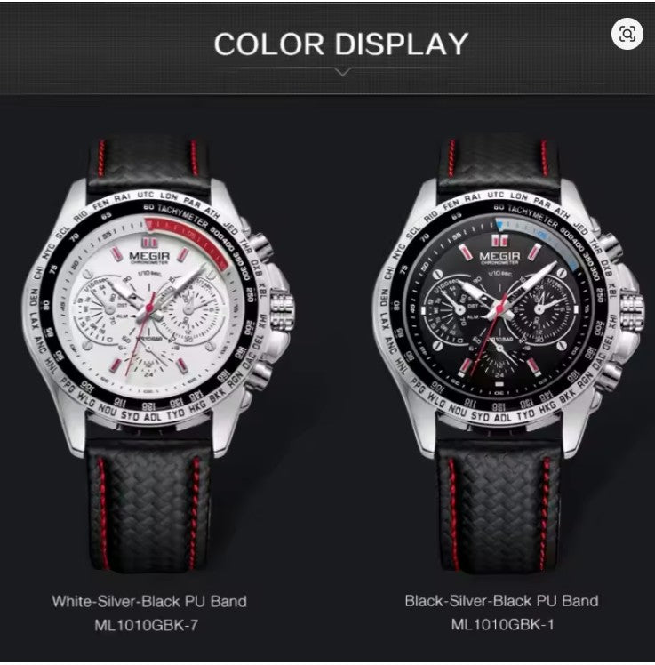 MEGIR Men's Chronograph Wristwatch Luxury Quartz, Waterproof, Sports Black/White Dial
