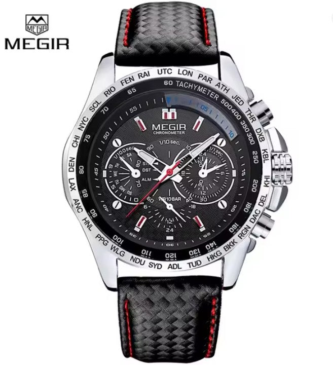 MEGIR Men's Chronograph Wristwatch Luxury Quartz, Waterproof, Sports Black/White Dial