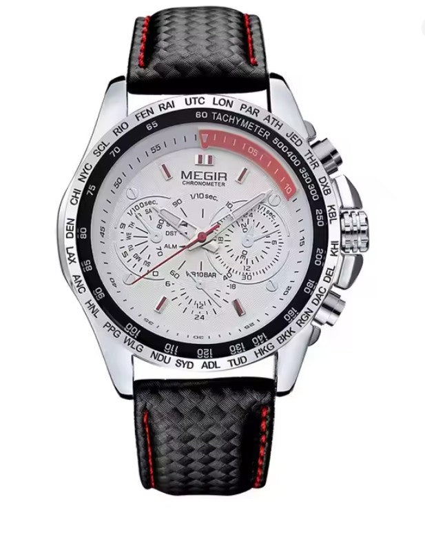 MEGIR Men's Chronograph Wristwatch Luxury Quartz, Waterproof, Sports Black/White Dial