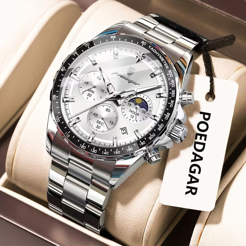 POEDAGAR Luxury Men’s Chronograph Watch Waterproof Stainless Steel Quartz
