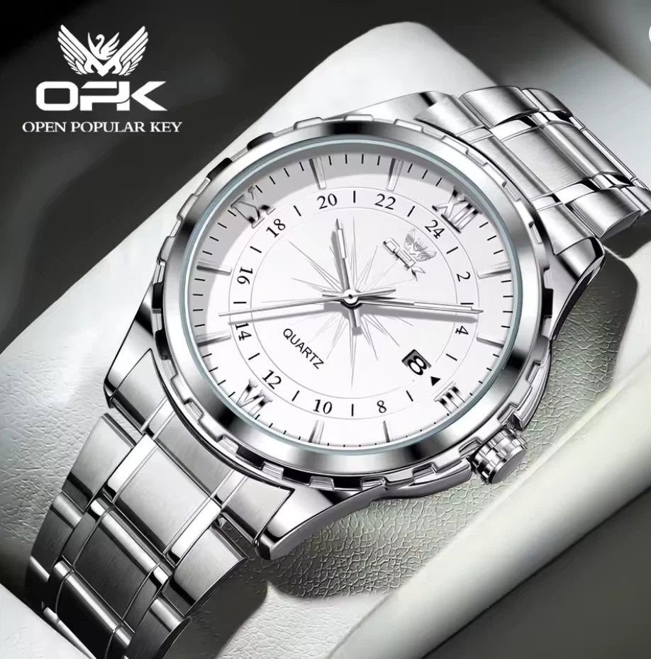 Men's Watch Stainless Steel Silver Wristwatch Business Quartz Watch With Box
