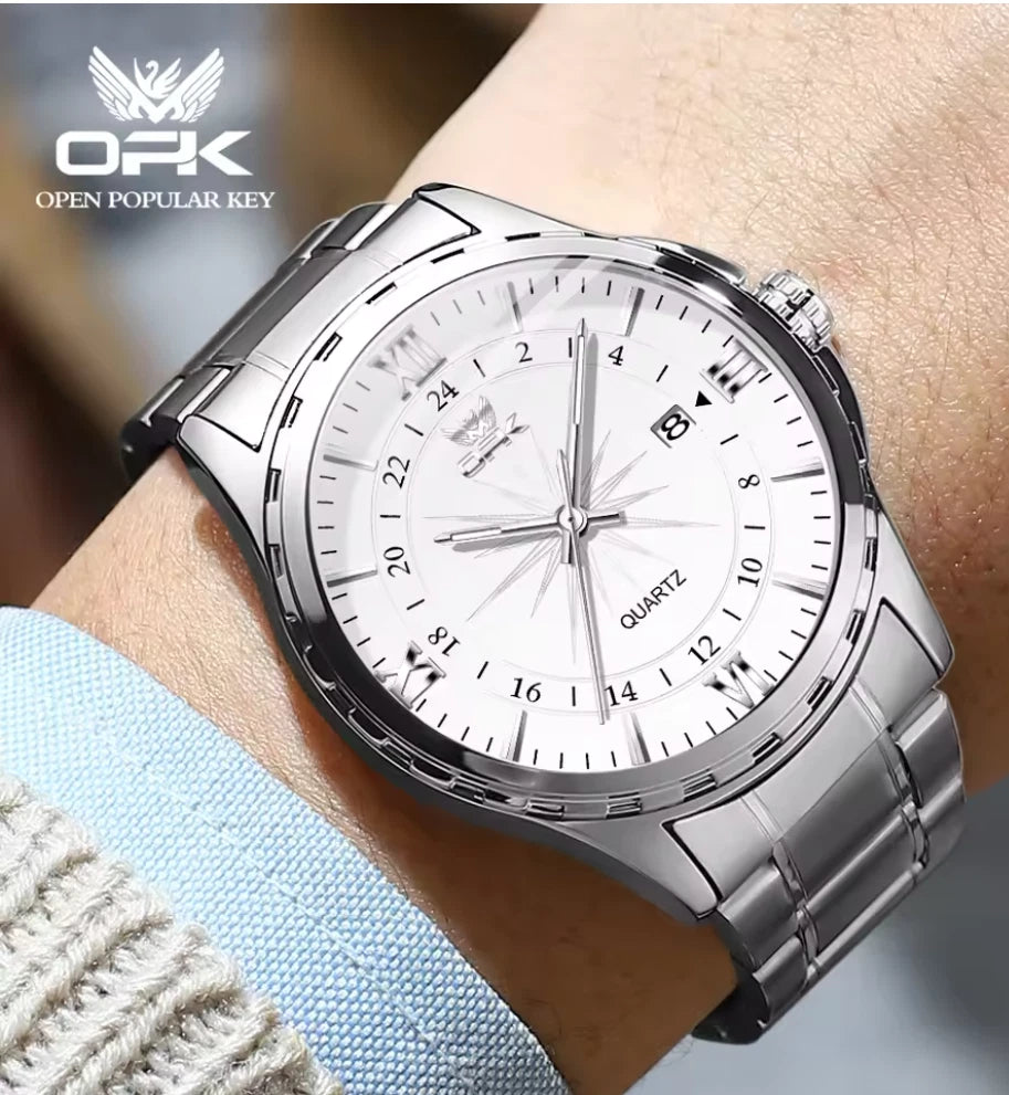 Men's Watch Stainless Steel Silver Wristwatch Business Quartz Watch With Box