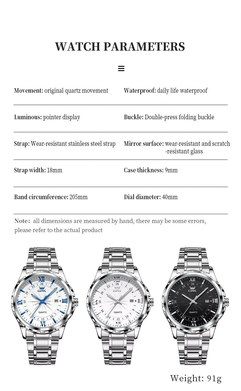 Men's Watch Stainless Steel Silver Wristwatch Business Quartz Watch With Box