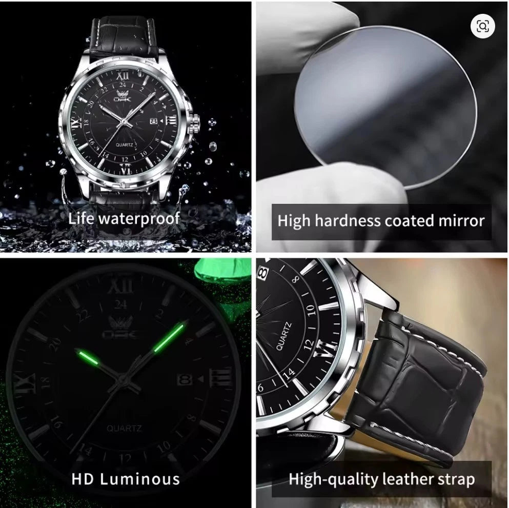OPK Men’s Quartz Watch Steel Case Business Classic Wristwatch Black Leather Strap
