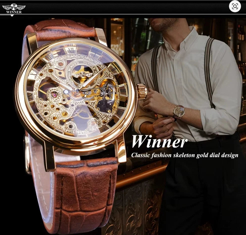 Winner Automatic Skeleton Watch For Men Luminous Classsic Mechanical Watch Leather Strap