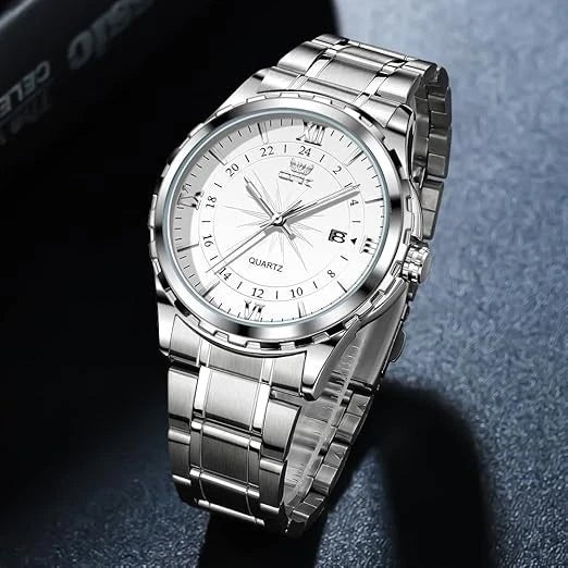 Men's Watch Stainless Steel Silver Wristwatch Business Quartz Watch With Box