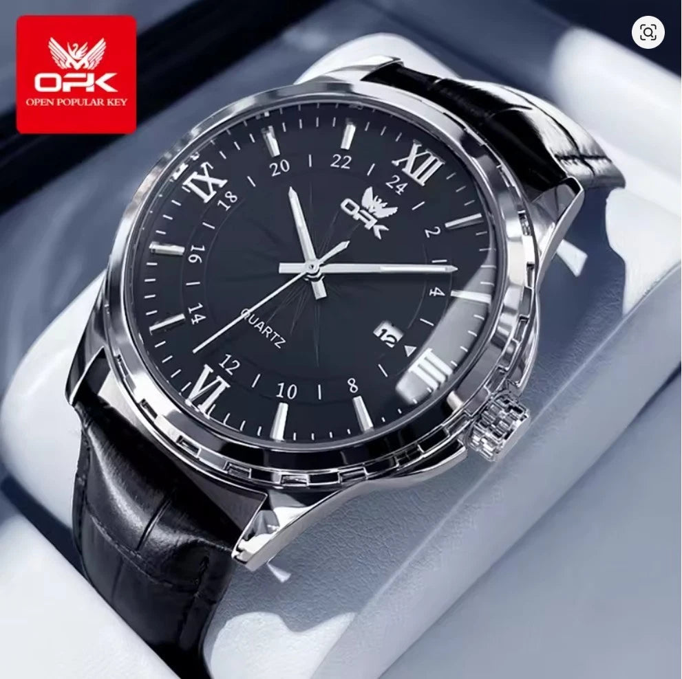 OPK Men’s Quartz Watch Steel Case Business Classic Wristwatch Black Leather Strap