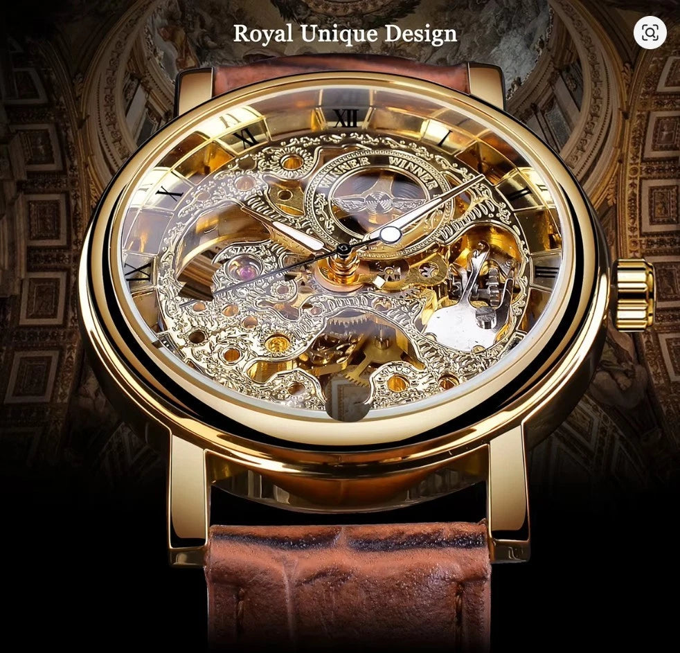 Winner Automatic Skeleton Watch For Men Luminous Classsic Mechanical Watch Leather Strap