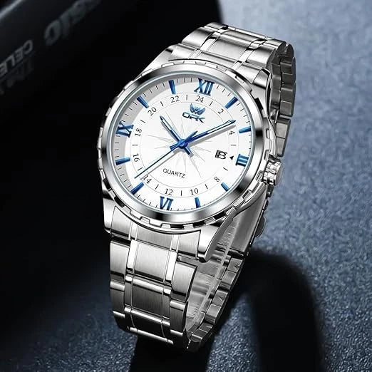 Men's Watch Stainless Steel Silver Wristwatch Business Quartz Watch With Box