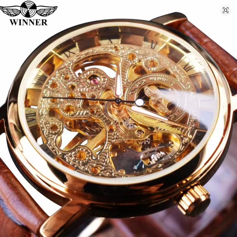 Winner Automatic Skeleton Watch For Men Luminous Classsic Mechanical Watch Leather Strap