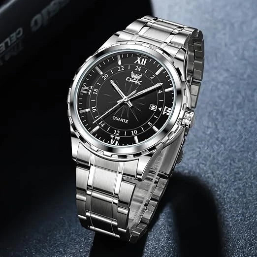 Men's Watch Stainless Steel Silver Wristwatch Business Quartz Watch With Box