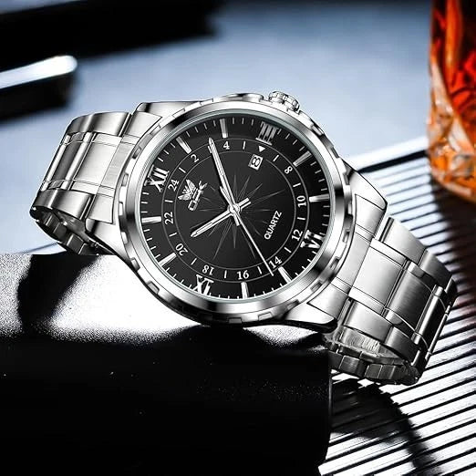 Men's Watch Stainless Steel Silver Wristwatch Business Quartz Watch With Box