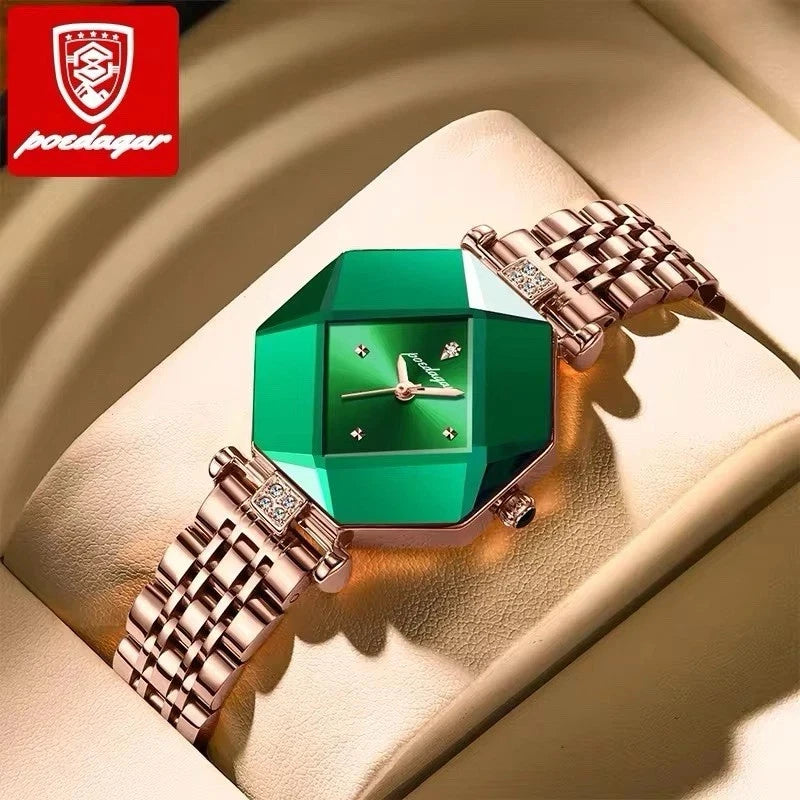 POEDAGAR Luxury Green Diamond Quartz Ladies Waterproof Stainless Stain Watch