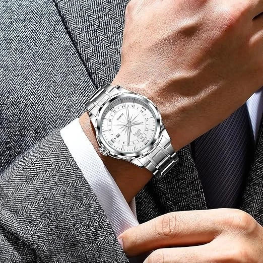 Men's Watch Stainless Steel Silver Wristwatch Business Quartz Watch With Box