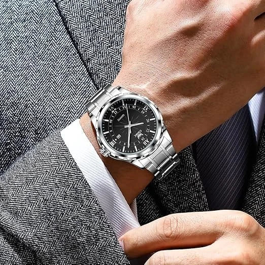 Men's Watch Stainless Steel Silver Wristwatch Business Quartz Watch With Box