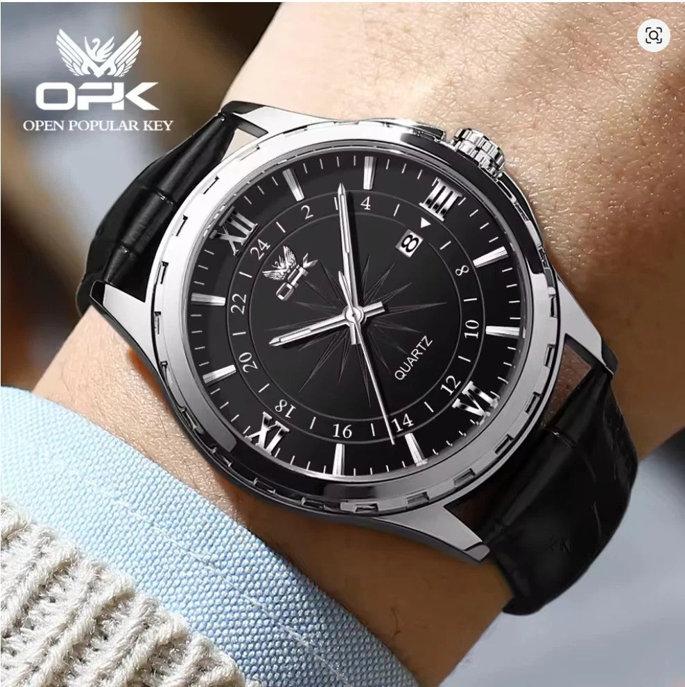 OPK Men’s Quartz Watch Steel Case Business Classic Wristwatch Black Leather Strap