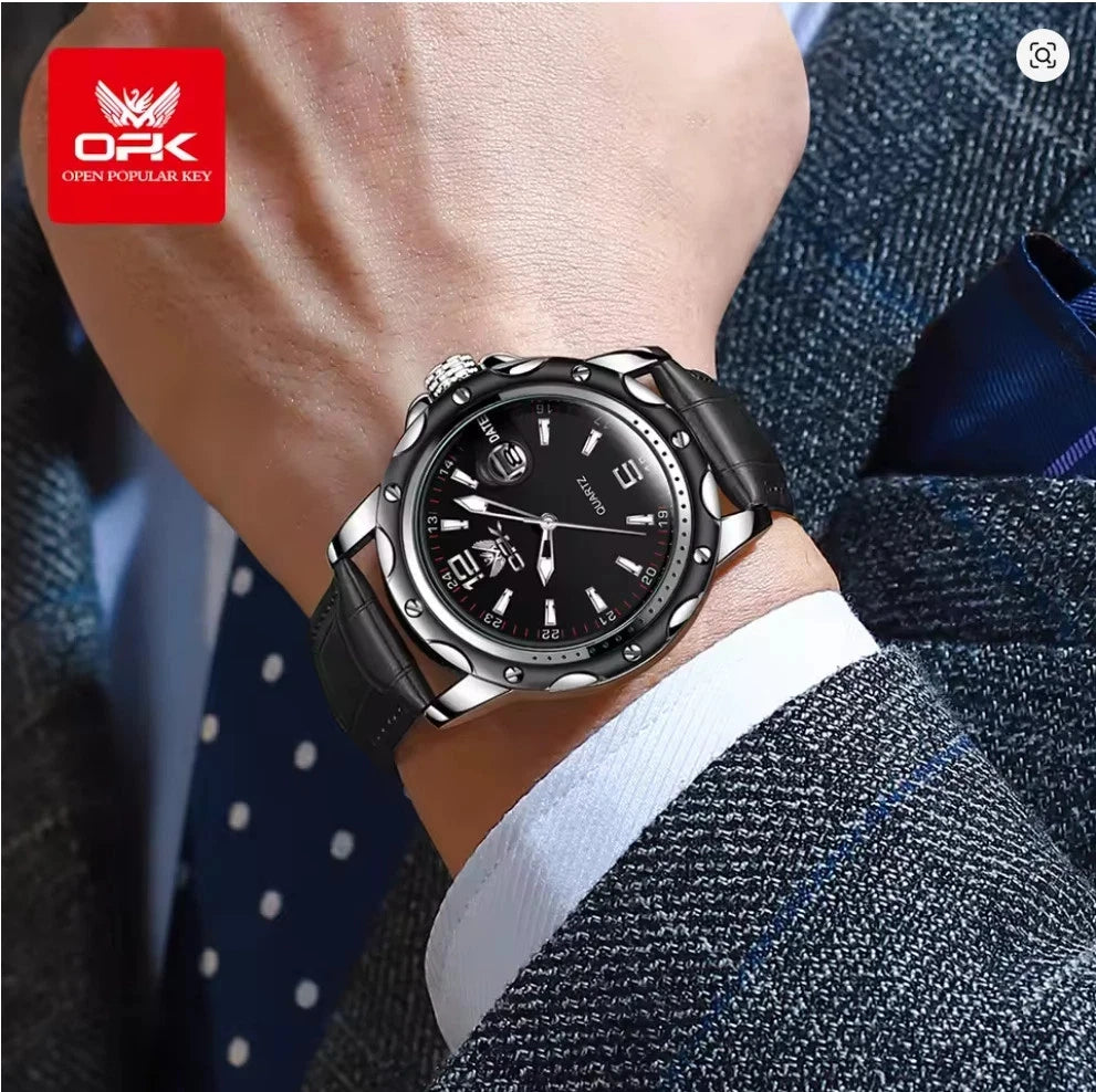 OPK Men's Quartz Watch Waterproof Luminous Casual Wristwatch Black Leather Strap