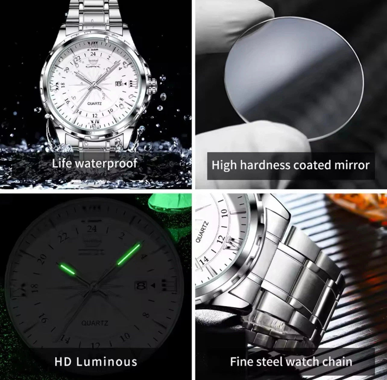 Men's Watch Stainless Steel Silver Wristwatch Business Quartz Watch With Box