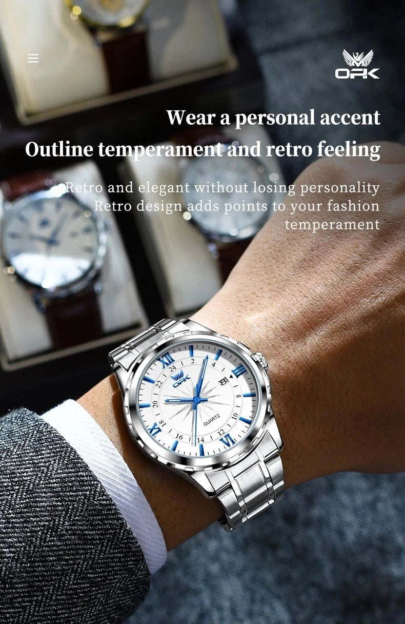 Men's Watch Stainless Steel Silver Wristwatch Business Quartz Watch With Box