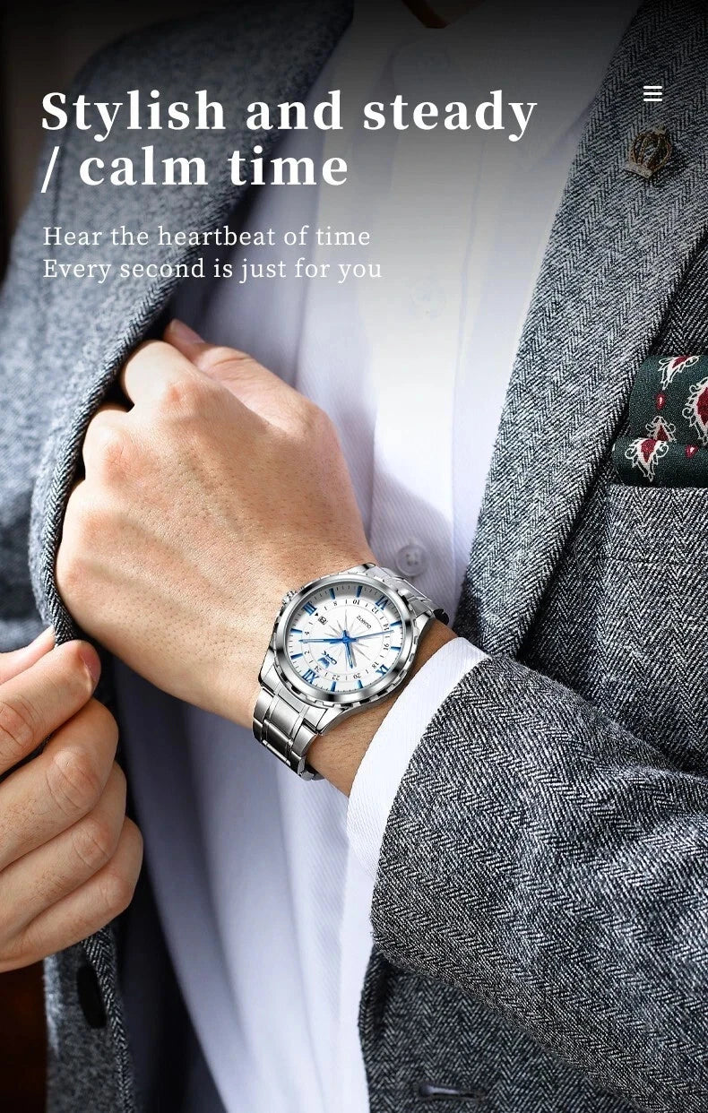 Men's Watch Stainless Steel Silver Wristwatch Business Quartz Watch With Box
