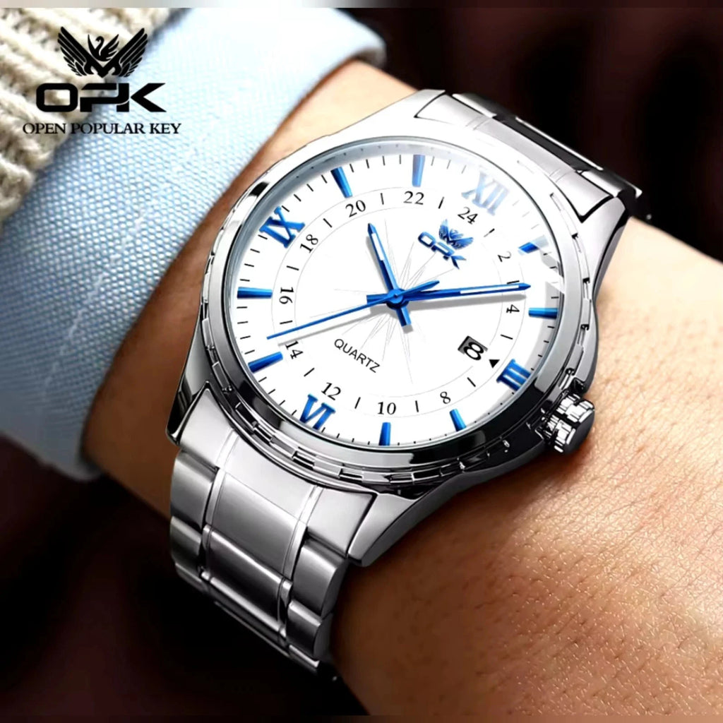 Men's Watch Stainless Steel Silver Wristwatch Business Quartz Watch With Box