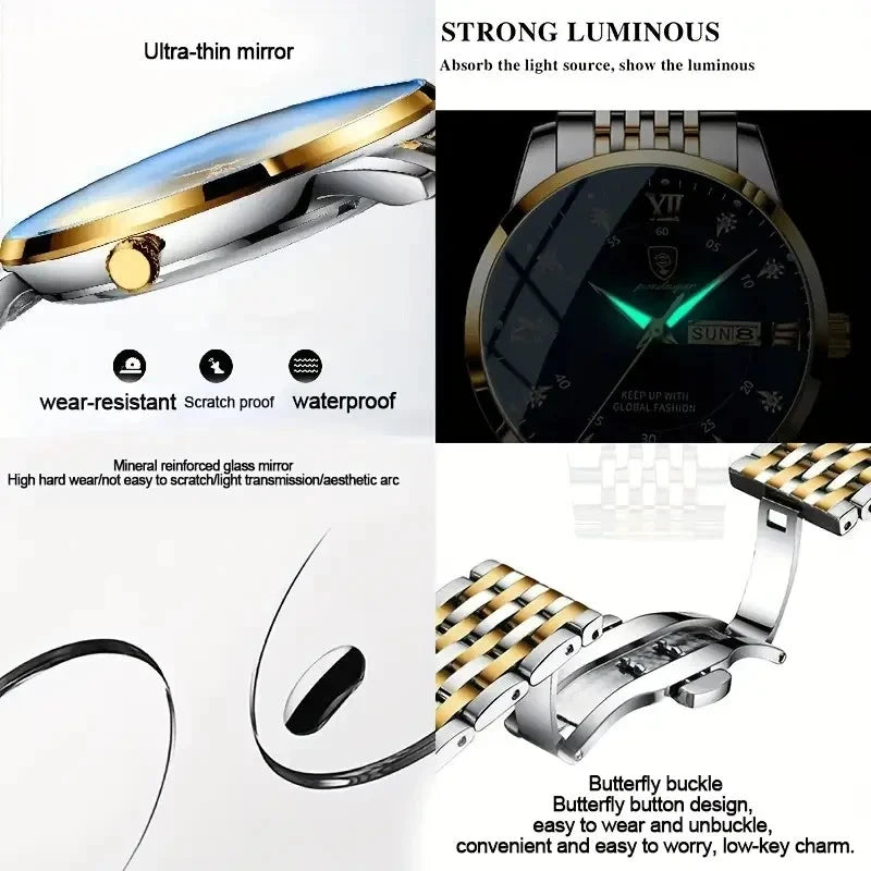 Luxury Watch For Man Waterproof & Luminous (Date,Week) Indicator Gold and Silver