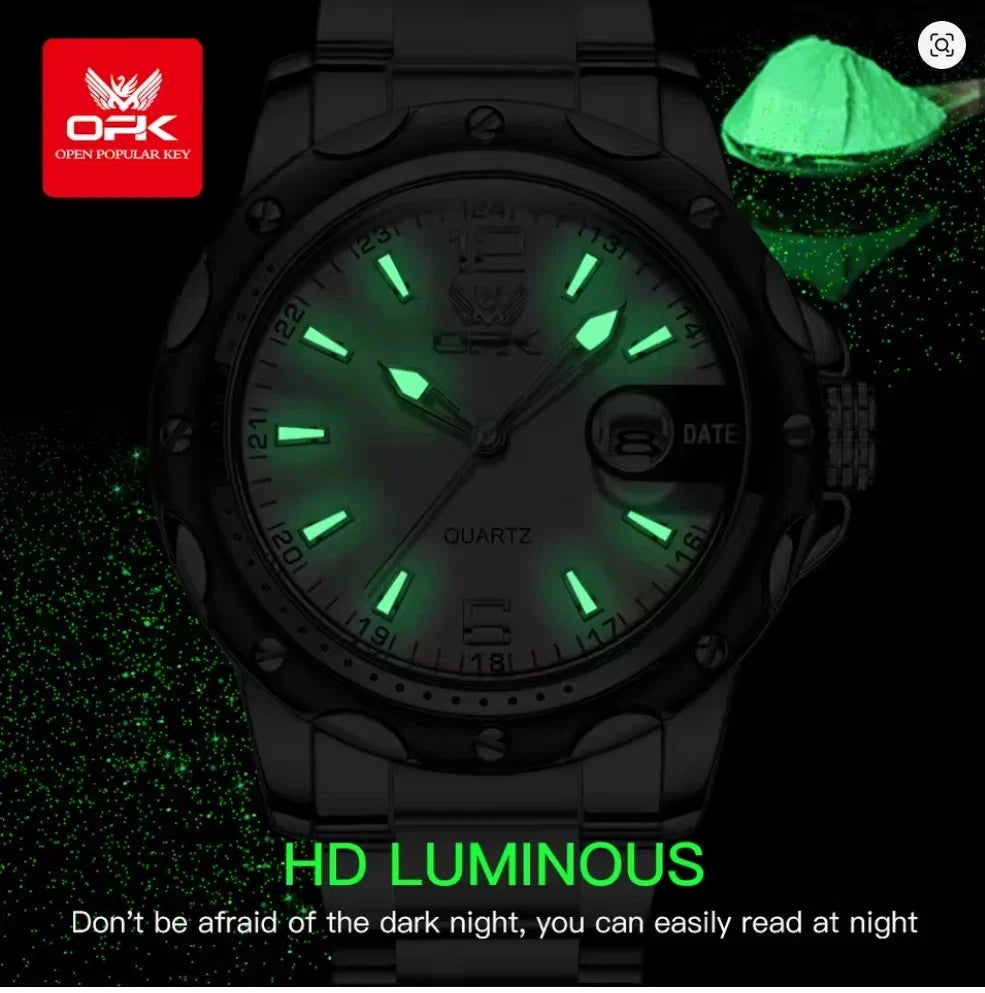 OPK Men's Quartz Watch Waterproof Luminous Casual Wristwatch Black Leather Strap
