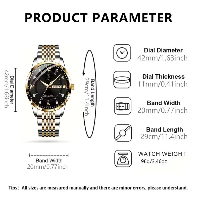Luxury Watch For Man Waterproof & Luminous (Date,Week) Indicator Gold and Silver
