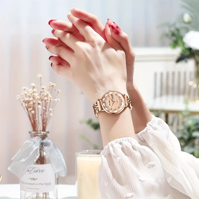 POEDAGAR Luxury Women’s Quartz Watch Stainless Steel Date Week Waterproof Pink