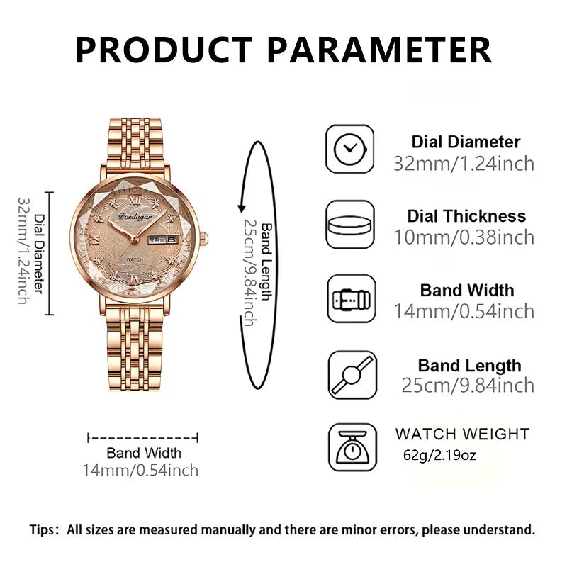 POEDAGAR Luxury Women’s Quartz Watch Stainless Steel Date Week Waterproof Pink