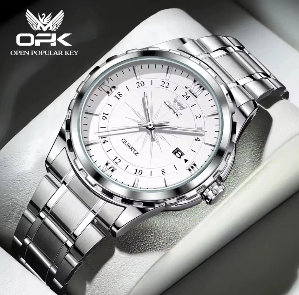 Men's Watch Stainless Steel Silver Wristwatch Business Quartz Watch With Box