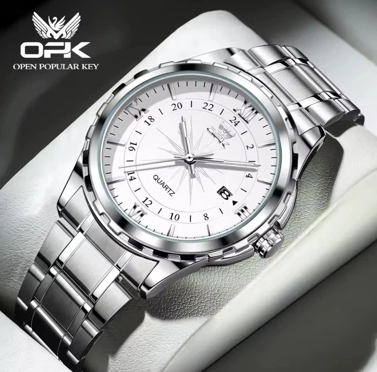 Men's Watch Stainless Steel Silver Wristwatch Business Quartz Watch With Box