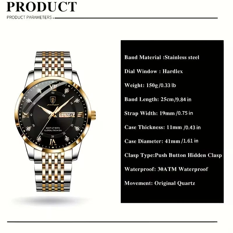 Luxury Watch For Man Waterproof & Luminous (Date,Week) Indicator Gold and Silver