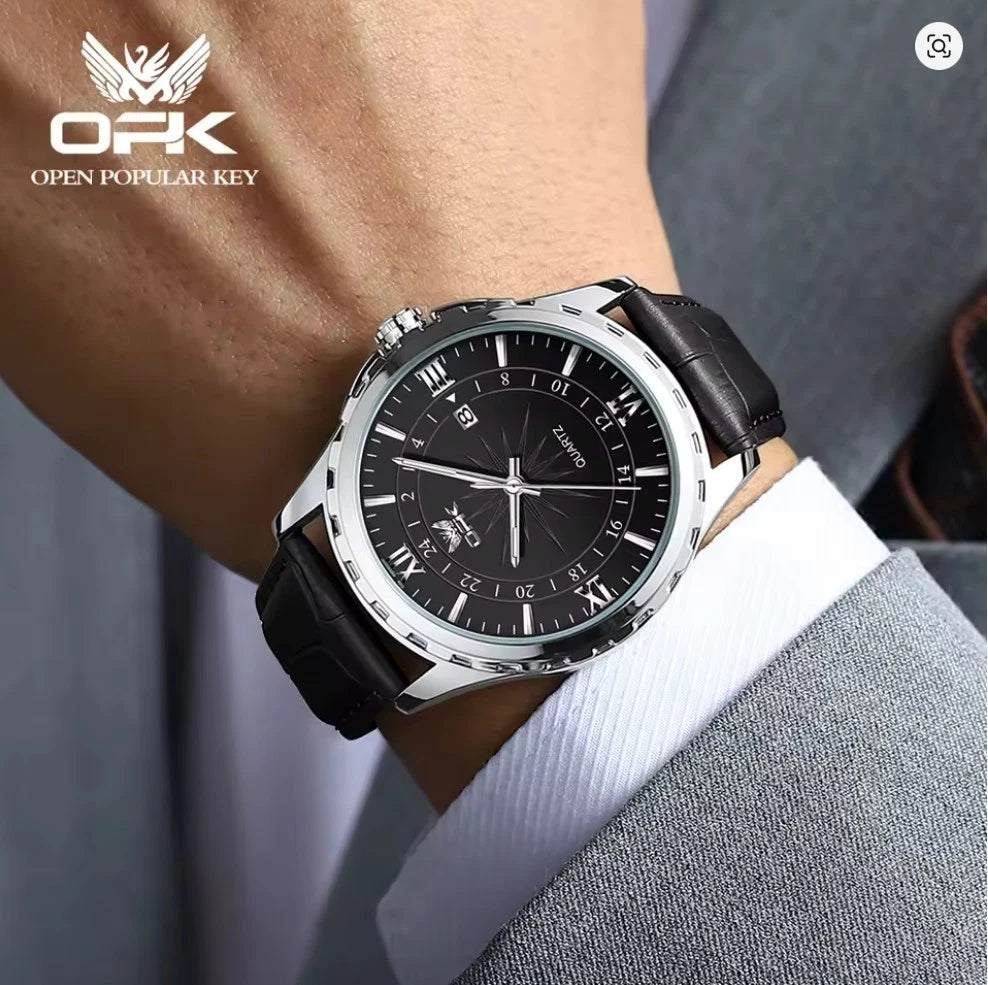 OPK Men’s Quartz Watch Steel Case Business Classic Wristwatch Black Leather Strap