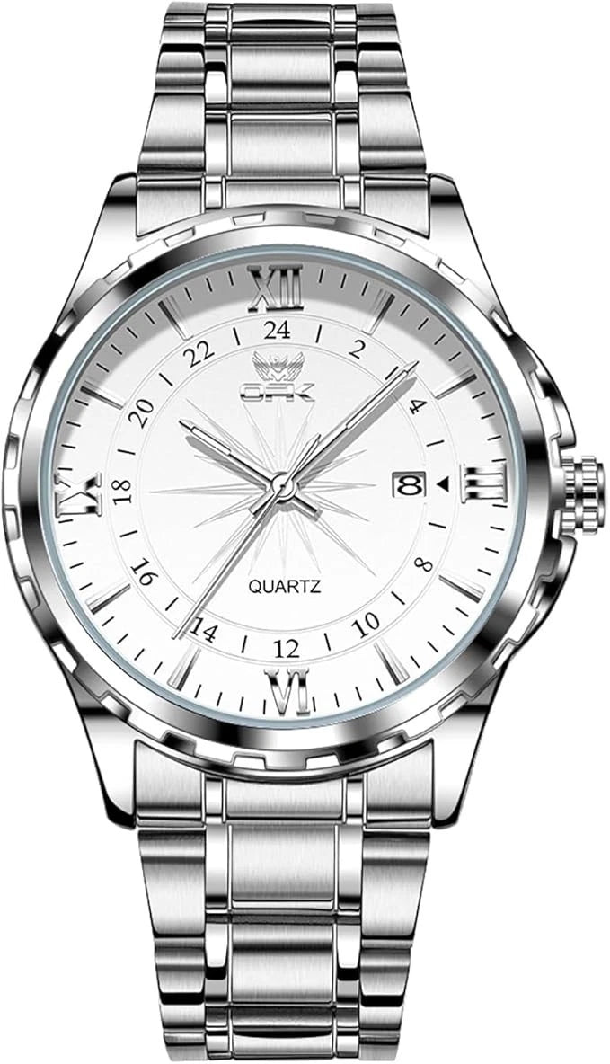 Men's Watch Stainless Steel Silver Wristwatch Business Quartz Watch With Box
