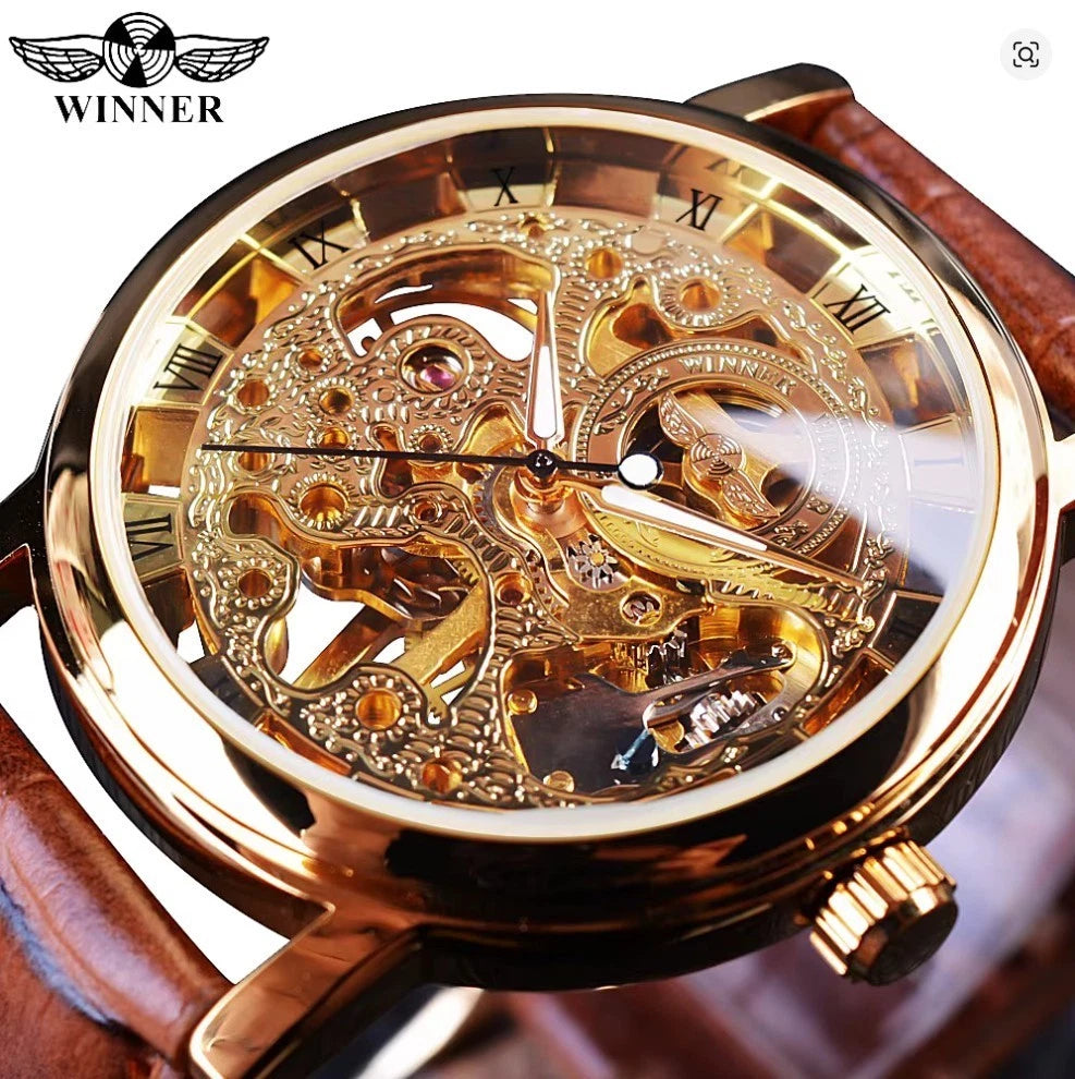 Winner Automatic Skeleton Watch For Men Luminous Classsic Mechanical Watch Leather Strap