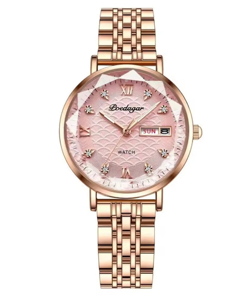 POEDAGAR Luxury Women’s Quartz Watch Stainless Steel Date Week Waterproof Pink