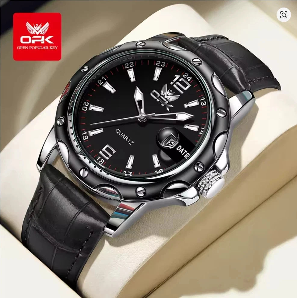 OPK Men's Quartz Watch Waterproof Luminous Casual Wristwatch Black Leather Strap