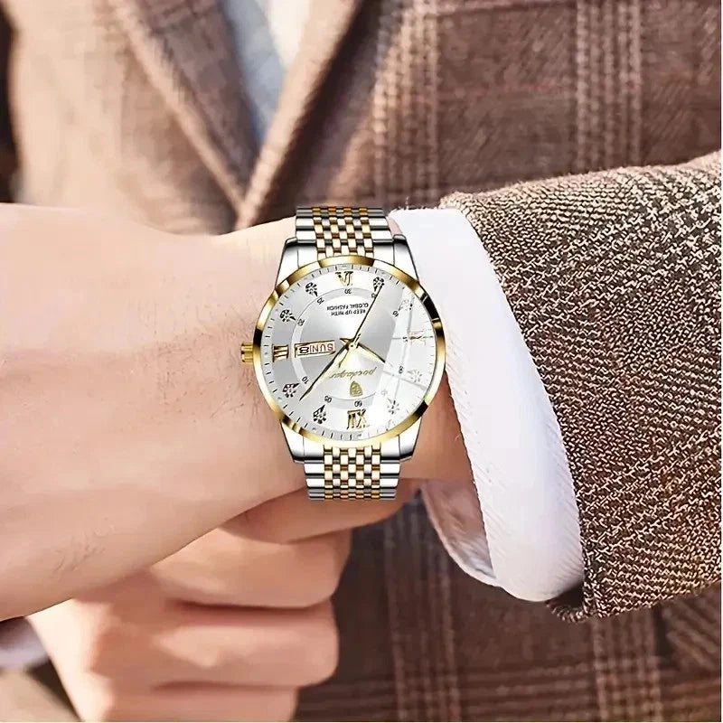 Luxury Watch For Man Waterproof & Luminous(Date,Week) Indicator White and Golden